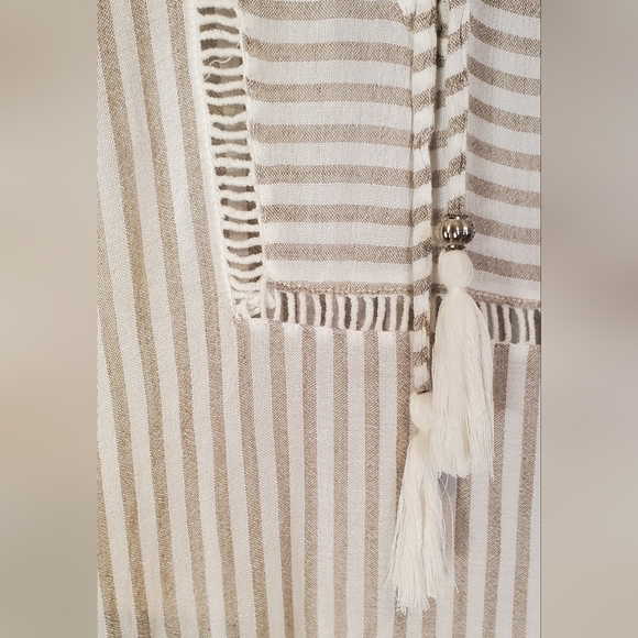 💚5/$25 Blue Island Beige & White Striped Topan Beach Tunic Tassel Boho Dress - Picture 6 of 8